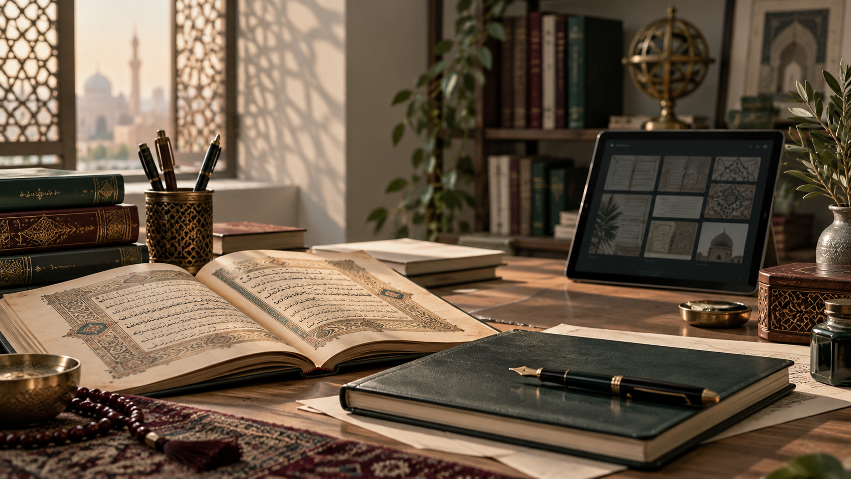 Manuscripts, books, writing tools, and a digital archive on a scholarly desk